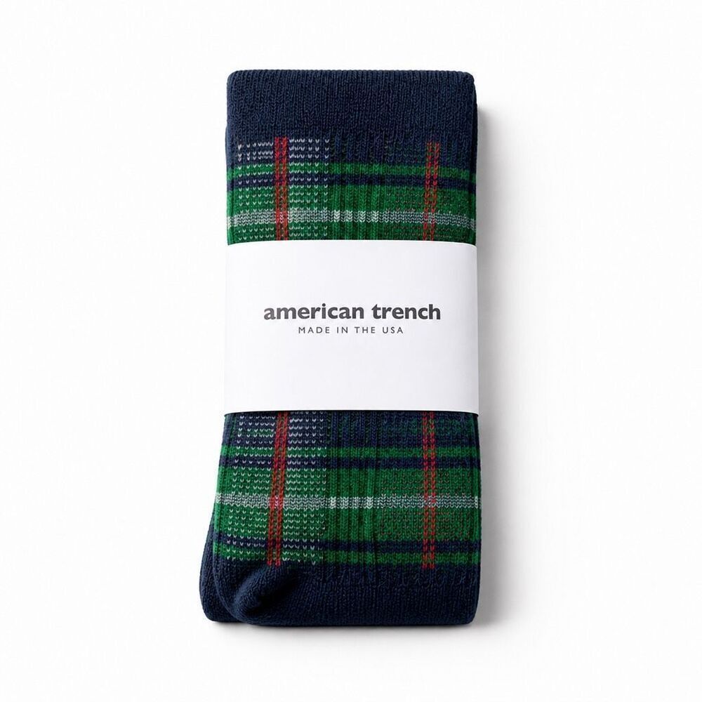 American Trench McCallister Plaid Sock Navy Green Tartan High Crew Men 7-12 USA